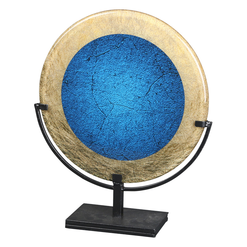 round gold blue plq w hldr